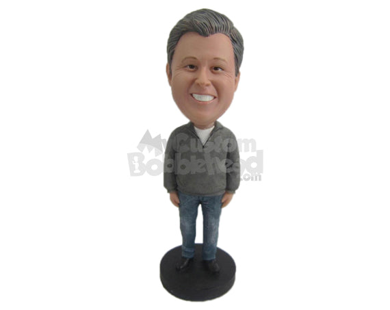 Custom Bobblehead Gentleman Wearing A Sweater And Jeans With Casual Shoes - Leisure & Casual Casual Males Personalized Bobblehead & Cake Topper