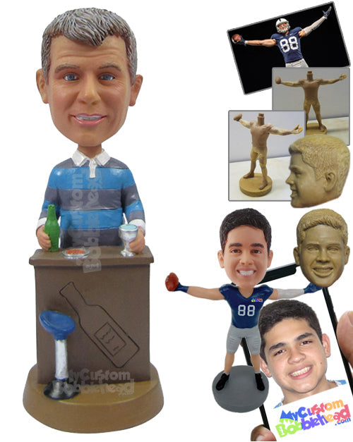 Dapper Man with Beer and Snacks Standing Behind a Bar Personalized Bobblehead