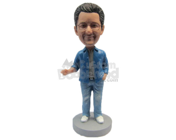 Custom Bobblehead Guy Wearing A Trendy Jacket, Jeans And Super Cool Sneakers - Leisure & Casual Casual Males Personalized Bobblehead & Cake Topper