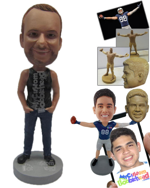 Handsome Man Wearing a Vest and Jeans with Boots Personalized Bobblehead