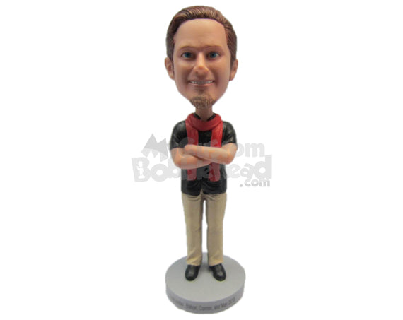 Custom Bobblehead Fashionable Gentleman Wearing A T-Shirt And Pants With Trendy Shoes And A Scarf Around His Neck - Leisure & Casual Casual Males Personalized Bobblehead & Cake Topper