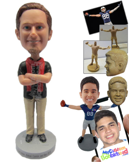 Fashionable Gentleman Wearing a T-Shirt and Pants with Trendy Shoes and a Scarf Around His Neck Personalized Bobblehead