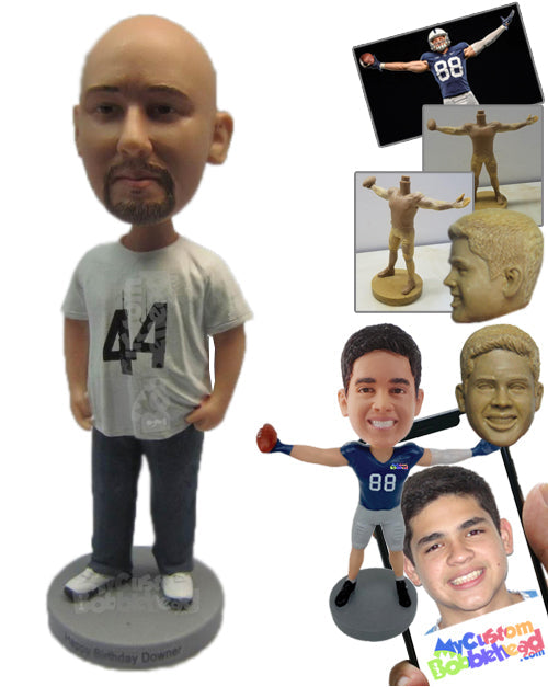 Sports Guy Wearing a T-Shirt and Jeans with Sneakers Personalized Bobblehead