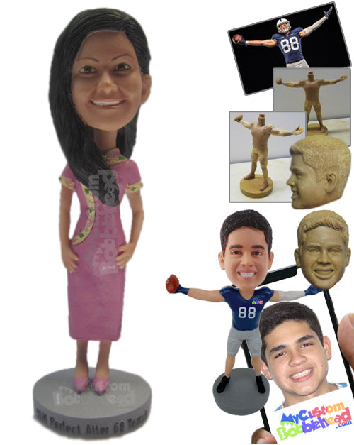 Lady Wearing a Long Dress Showing off Her Good Looks Personalized Bobblehead