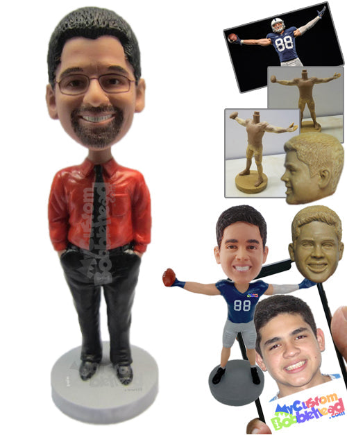 Guy Wearing Fashionable Jacket and Both Hands in His Pockets with Front-Flat Pants and Casual Shoes Personalized Bobblehead