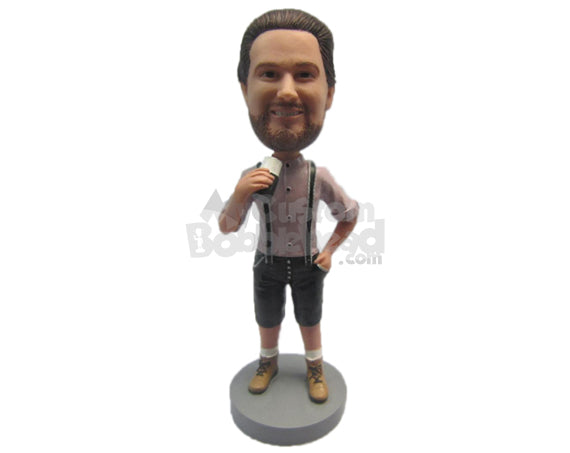 Custom Bobblehead Guy Wearing A Suspenders And Boots With One Hand In His Pocket - Leisure & Casual Casual Males Personalized Bobblehead & Cake Topper