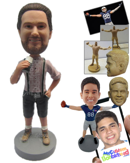 Guy Wearing Suspenders and Boots with One Hand in His Pocket Personalized Bobblehead