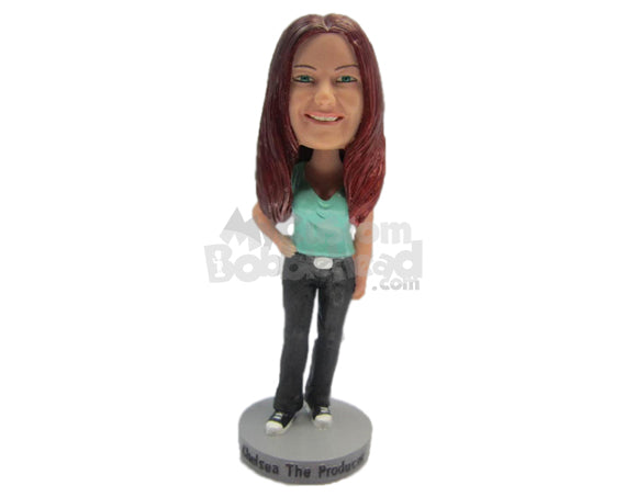 Custom Bobblehead Beautiful In A T-Shirt And Jeans With Sneakers - Leisure & Casual Casual Females Personalized Bobblehead & Cake Topper