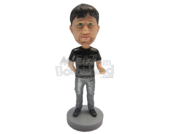 Custom Bobblehead Boy Wearing A Gorgeous T-Shirt And Jeans With Boots - Leisure & Casual Casual Males Personalized Bobblehead & Cake Topper