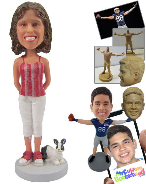 Beautiful Smiling Lady with a Rabbit in Stylish Top and Matching Shoes with Hands Clenched Personalized Bobblehead