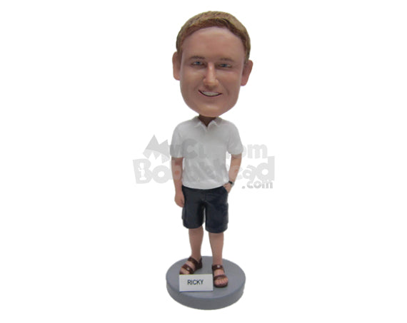 Dude Wearing a T-Shirt and Short Pants with Slippers Personalized Bobblehead