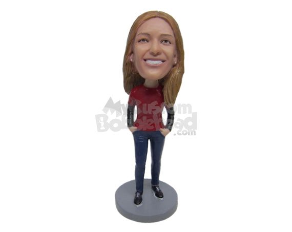 Lady Wearing a T-Shirt Keeps Her Both Hands in Her Jeans and Wears a Sneaker Personalized Bobblehead