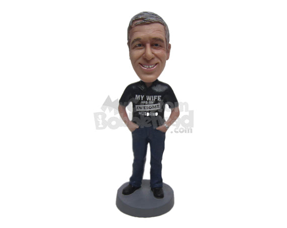 Custom Bobblehead Guy Wearing A T-Shirt With Both Hands Inside In The Pockets And Cool Boots - Leisure & Casual Casual Males Personalized Bobblehead & Cake Topper