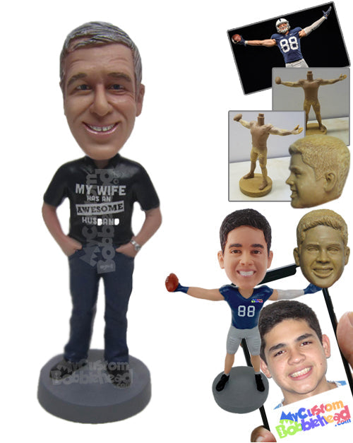 Guy Wearing a T-shirt with Both Hands Inside in the Pockets and Cool Boots Personalized Bobblehead