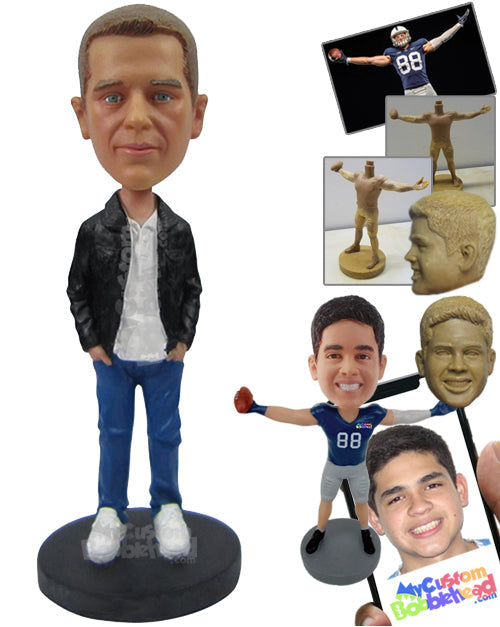 Casual Dude with Hands in Pocket Wearing Leather Jacket Personalized Bobblehead