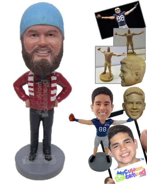 Guy Wearing a Jacket, Jeans, Fashionable Boots and a Scarf Over His Shoulders Personalized Bobblehead