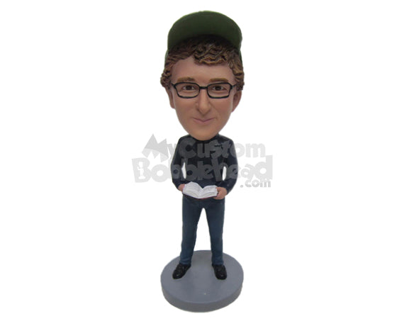 Custom Bobblehead Dude Reading A Book Wearing A Shirt With Jeans And Boots - Leisure & Casual Casual Males Personalized Bobblehead & Cake Topper