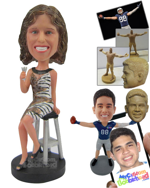 Charming Lady in One Piece Party Dress with A Glass of Drink in Hand Personalized Bobblehead