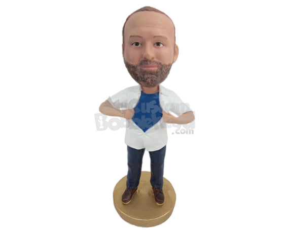 Custom Bobblehead Strong Man Trying To Tear Off His Shirt To Show Off His Super Hero Costume - Leisure & Casual Casual Males Personalized Bobblehead & Cake Topper