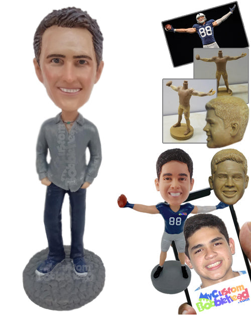 Fashionable Boy Wearing a Shirt, Jeans, Cool Sneakers with Both Hands in the Pockets Personalized Bobblehead