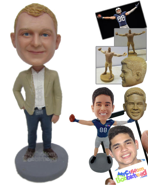 Country Boy Looks Ready To Seal The Deal Wearing a Suit and Jeans with Boots Personalized Bobblehead