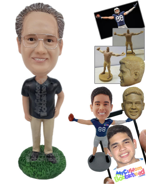 Trendy Fella in Sports Jersey, Casual Pants, Holding a Book Personalized Bobblehead