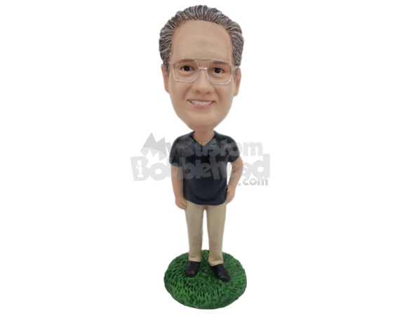 Trendy Fella in Sports Jersey, Casual Pants, Holding a Book Personalized Bobblehead