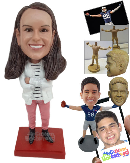 Woman in Jacket, Trendy Pants, and Boots Personalized Bobblehead