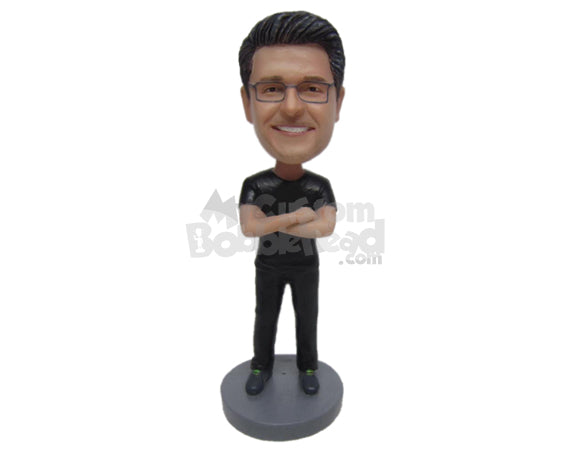 Custom Bobblehead Guy Ready For A Photo Wearing A T-Shirt And Jeans With Boots - Leisure & Casual Casual Males Personalized Bobblehead & Cake Topper