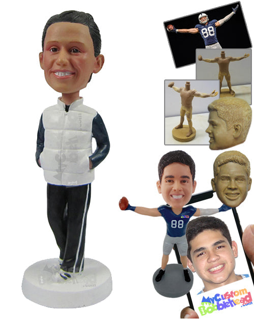 Stylish Dude in Sleeveless Jacket and Track Pants with Hands in Pockets Personalized Bobblehead