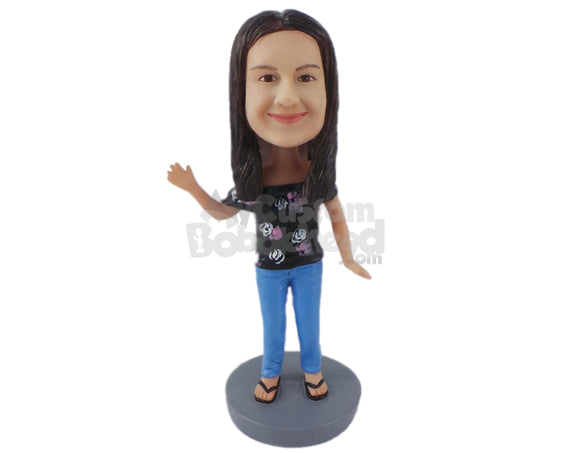 Custom Bobblehead Gorgeous Girl Waving Hello In A Trendy Top, Jeans With Sandals - Leisure & Casual Casual Females Personalized Bobblehead & Cake Topper