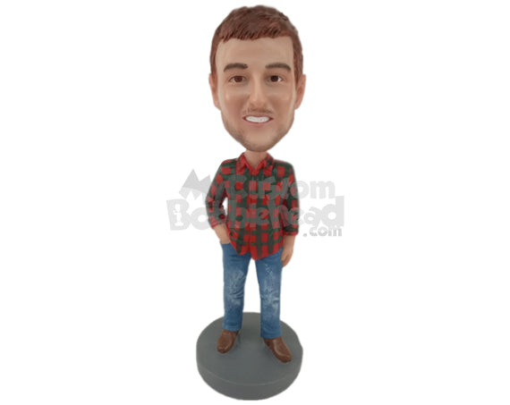 Custom Bobblehead Boy Wearing A Shirt, Jeans Fashionable Shoes And With Hands In Pockets - Leisure & Casual Casual Males Personalized Bobblehead & Cake Topper