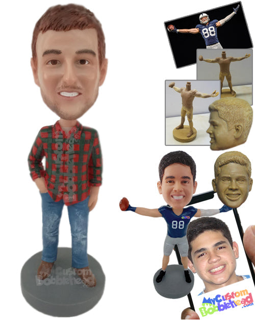 Boy in Casual Shirt, Jeans, and Trendy Shoes, Hands in Pockets Personalized Bobblehead