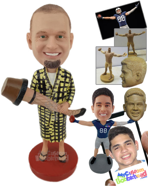 Casual Dude Wearing a Robe Holding a Large Leg Lamp Prop Personalized Bobblehead