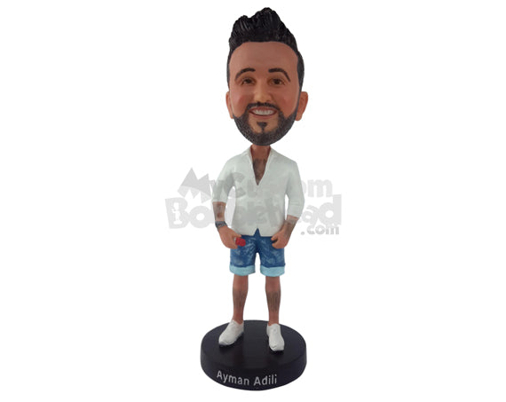 Handsome Man Wearing Casual T-Shirt and Shorts with Shoes Personalized Bobblehead