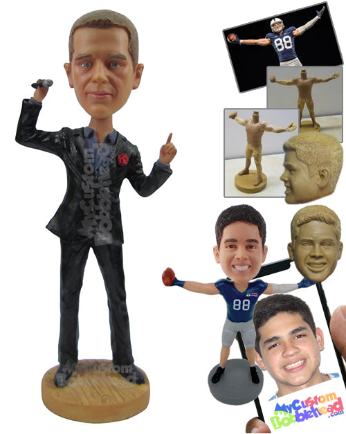 Male with Formal Suit Rocking with a Mic in Hand and Rose in Upper Pocket Personalized Bobblehead