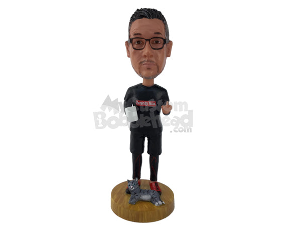 Custom Bobblehead Serious Man Holding A Mug Next To His Cat - Leisure & Casual Casual Males Personalized Bobblehead & Cake Topper