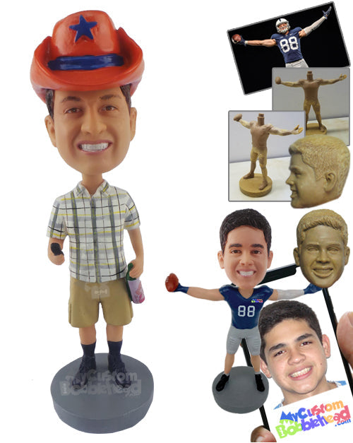 Man Wearing T-Shirt with Cargo Shorts and Cowboy Hat Holding a Wine Bottle Personalized Bobblehead