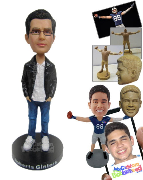 Handsome Stylish Dude in Leather Jacket and Spectacles with Hands in Pocket Personalized Bobblehead