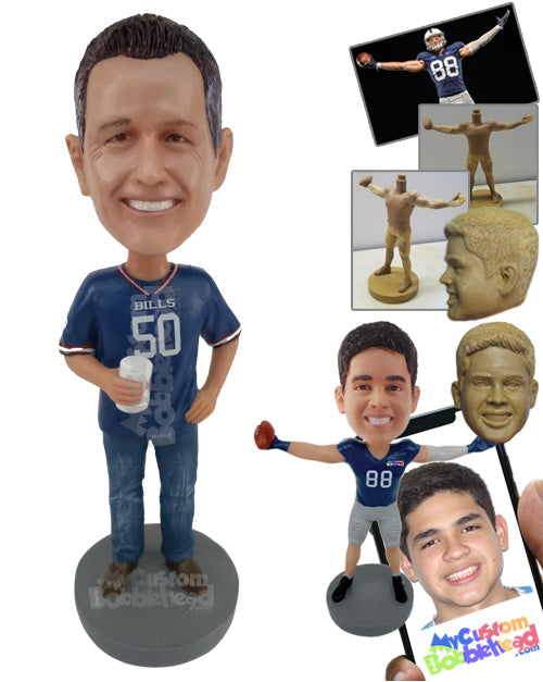 Man Wearing Sports Shirt with Jeans and Casual Shoes Holding a Cup Personalized Bobblehead