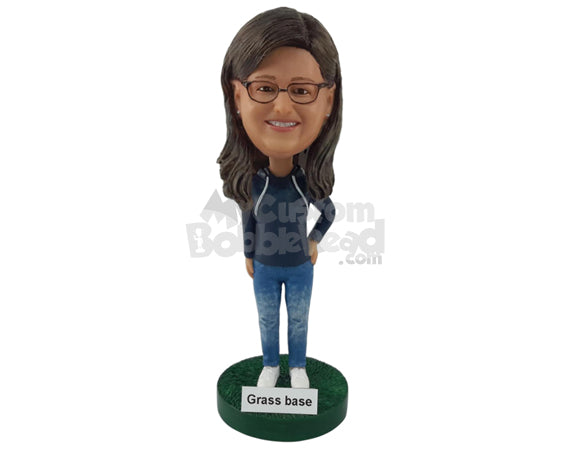 Woman in Beautiful Hoodie with Jeans and Shoes Personalized Bobblehead