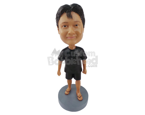 Man Dressed for Beach, Wearing Casual Shorts and Shirt with Flip Flops Personalized Bobblehead