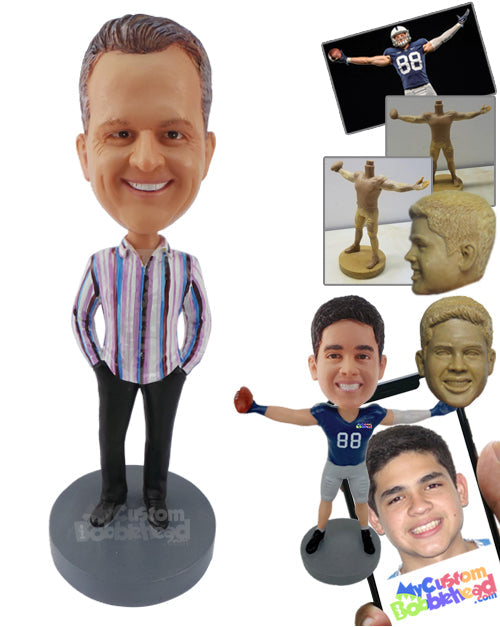 Gorgeous Man with Tucked Hands into Pants, Wearing a Full Sleeve T-Shirt Personalized Bobblehead