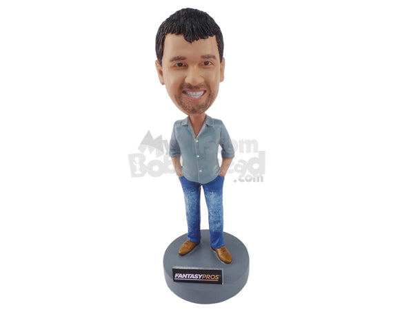 Custom Bobblehead Handsome Man With Tucked In Hands Wearing Jeans And Shirt - Leisure & Casual Casual Males Personalized Bobblehead & Cake Topper