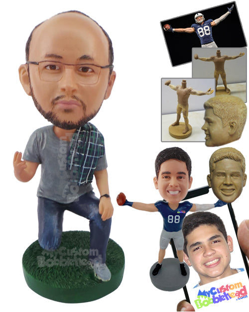 Man Kneeling on One Knee Holding a Peace Sign Personalized Bobblehead