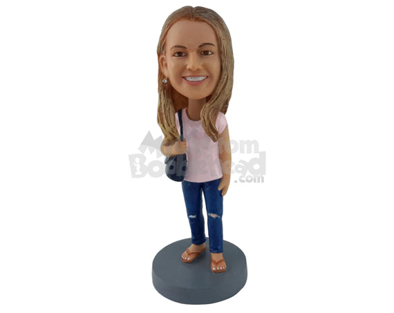 Custom Bobblehead Woman With Long Hair And Flip Flops Holding A Bag In Her Hand - Leisure & Casual Casual Females Personalized Bobblehead & Cake Topper