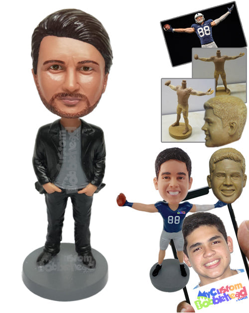 Man with Tucked Hands Wearing Jacket, Shirt, and Pants Personalized Bobblehead