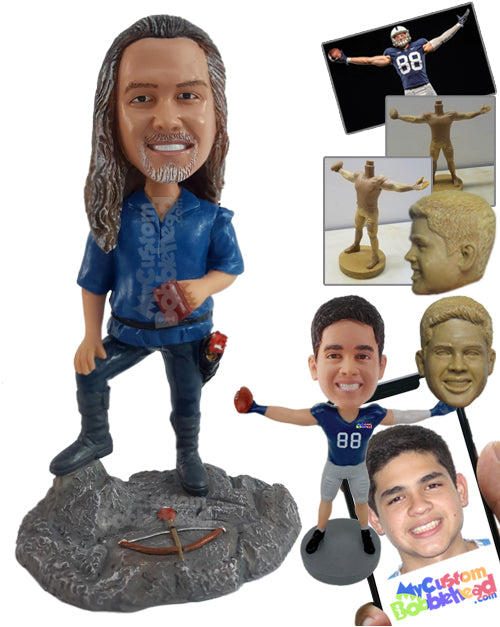 Man Standing on Rock with Long Hair and a Bag Personalized Bobblehead