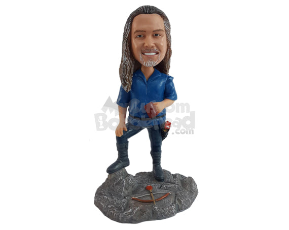 Custom Bobblehead Man Standing On Rock With Long Hair And A Bag - Leisure & Casual Casual Males Personalized Bobblehead & Cake Topper