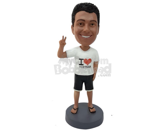 Custom Bobblehead Man Wearing Passionate Country Dress Holding A Peace Sign - Leisure & Casual Casual Males Personalized Bobblehead & Cake Topper